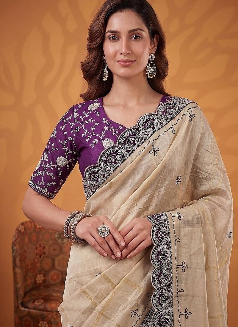 Cream Color Dori And Gotta Pati Work Silk Blend Saree