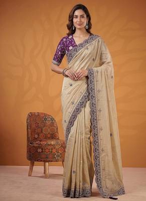 Cream Color Dori And Gotta Pati Work Silk Blend Saree 2
