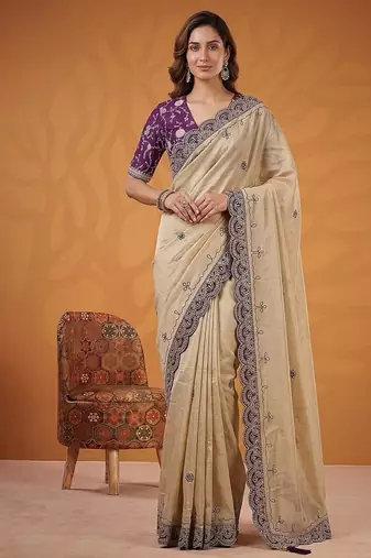 Cream Color Dori And Gotta Pati Work Silk Blend Saree