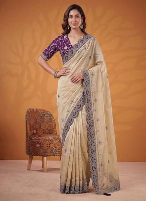 Cream Color Dori And Gotta Pati Work Silk Blend Saree 3