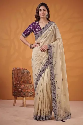 Cream Color Dori And Gotta Pati Work Silk Blend Saree