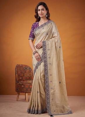 Cream Color Dori And Gotta Pati Work Silk Blend Saree 4