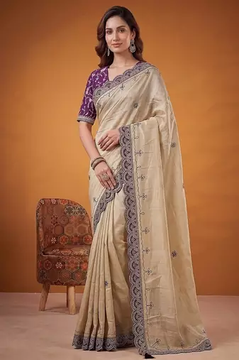Cream Color Dori And Gotta Pati Work Silk Blend Saree