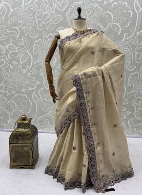 Cream Color Dori And Gotta Pati Work Silk Blend Saree 5