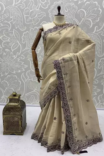 Cream Color Dori And Gotta Pati Work Silk Blend Saree