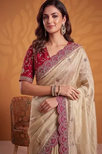 Cream Color Dori And Gotta Pati Work Silk Blend Saree