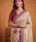 Cream Color Dori And Gotta Pati Work Silk Blend Saree
