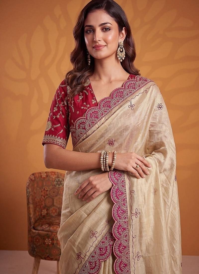 Cream Color Dori And Gotta Pati Work Silk Blend Saree