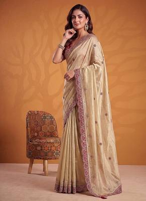 Cream Color Dori And Gotta Pati Work Silk Blend Saree 2