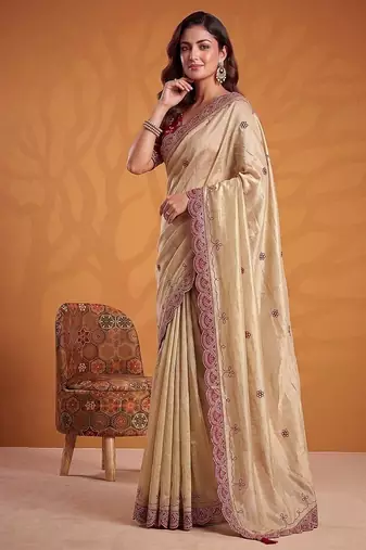 Cream Color Dori And Gotta Pati Work Silk Blend Saree