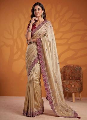 Cream Color Dori And Gotta Pati Work Silk Blend Saree 3
