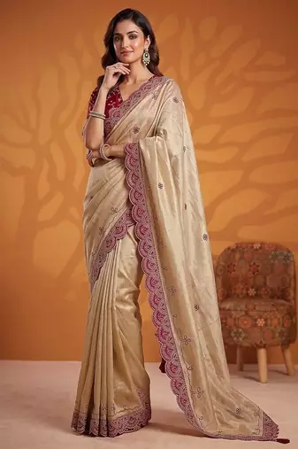 Cream Color Dori And Gotta Pati Work Silk Blend Saree