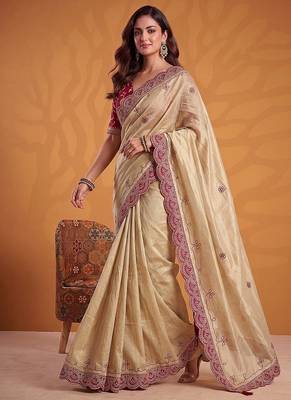 Cream Color Dori And Gotta Pati Work Silk Blend Saree 4