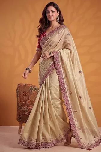 Cream Color Dori And Gotta Pati Work Silk Blend Saree