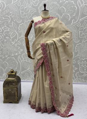Cream Color Dori And Gotta Pati Work Silk Blend Saree 5