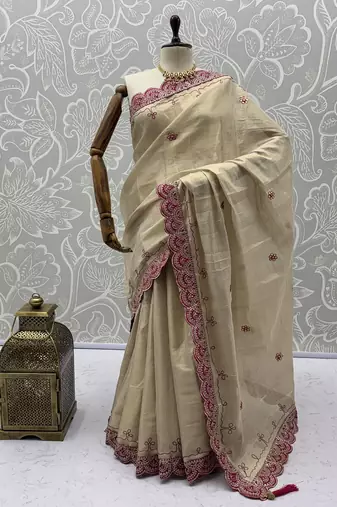 Cream Color Dori And Gotta Pati Work Silk Blend Saree