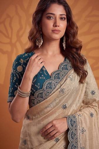 Cream Color Dori And Gotta Pati Work Silk Blend Saree