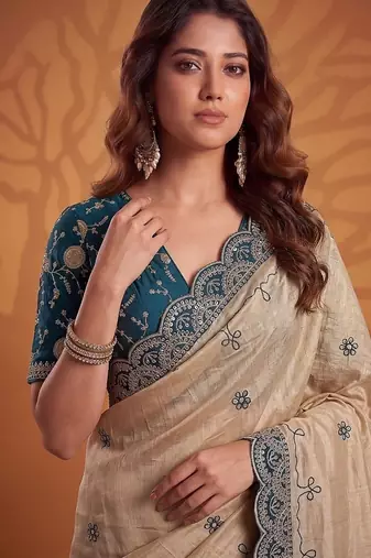 Cream Color Dori And Gotta Pati Work Silk Blend Saree