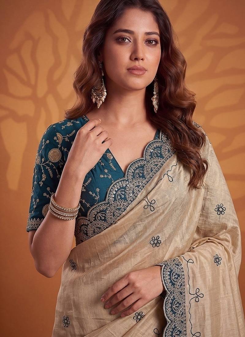 Cream Color Dori And Gotta Pati Work Silk Blend Saree