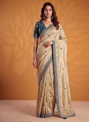 Cream Color Dori And Gotta Pati Work Silk Blend Saree 2