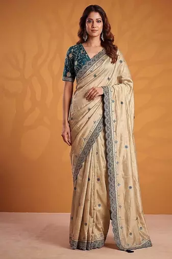Cream Color Dori And Gotta Pati Work Silk Blend Saree
