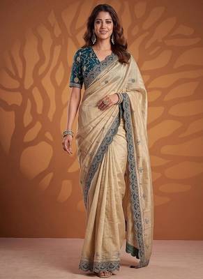 Cream Color Dori And Gotta Pati Work Silk Blend Saree 3