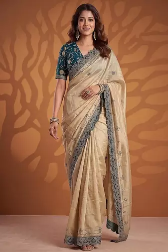 Cream Color Dori And Gotta Pati Work Silk Blend Saree