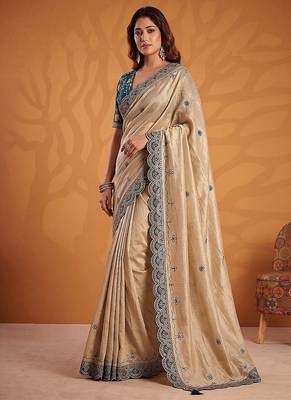 Cream Color Dori And Gotta Pati Work Silk Blend Saree 4