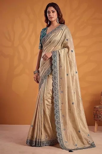 Cream Color Dori And Gotta Pati Work Silk Blend Saree