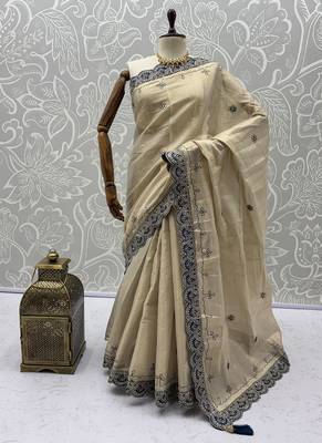 Cream Color Dori And Gotta Pati Work Silk Blend Saree 5