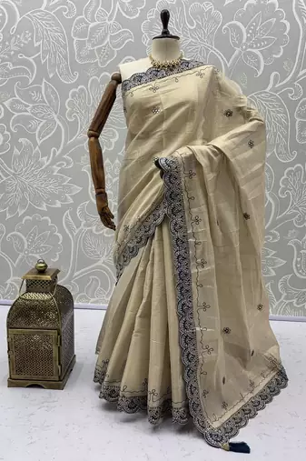 Cream Color Dori And Gotta Pati Work Silk Blend Saree