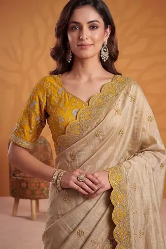 Cream Color Dori And Gotta Pati Work Silk Blend Saree