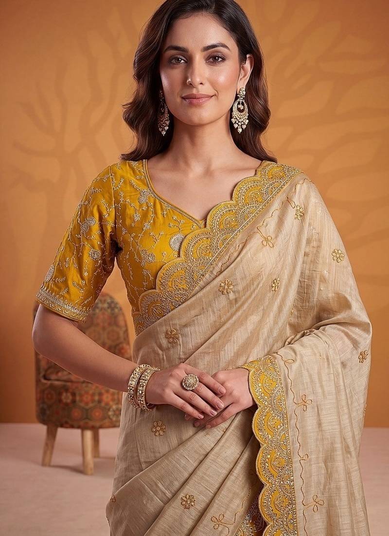 Cream Color Dori And Gotta Pati Work Silk Blend Saree