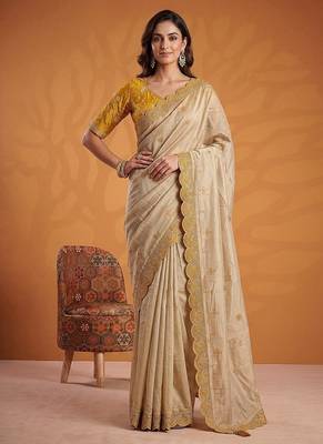 Cream Color Dori And Gotta Pati Work Silk Blend Saree 2