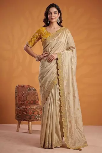 Cream Color Dori And Gotta Pati Work Silk Blend Saree