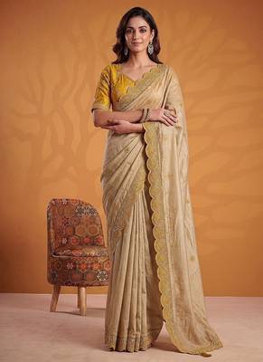 Cream Color Dori And Gotta Pati Work Silk Blend Saree 3