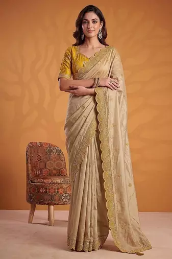 Cream Color Dori And Gotta Pati Work Silk Blend Saree