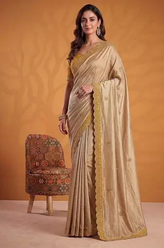 Cream Color Dori And Gotta Pati Work Silk Blend Saree