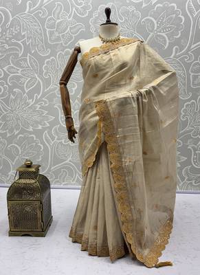 Cream Color Dori And Gotta Pati Work Silk Blend Saree 5
