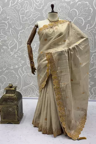 Cream Color Dori And Gotta Pati Work Silk Blend Saree