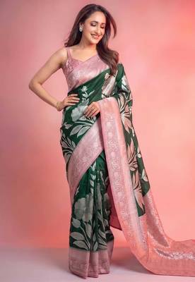 GREEN crepe georgette saree with 3 ply zari pallu & floral silver weaves 1