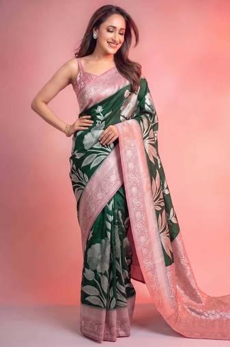 GREEN crepe georgette saree with 3 ply zari pallu & floral silver weaves