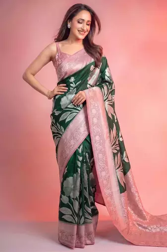 crepe georgette saree with 3 ply zari pallu & floral silver weaves