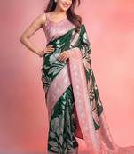 GREEN crepe georgette saree with 3 ply zari pallu & floral silver weaves