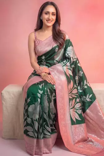 GREEN crepe georgette saree with 3 ply zari pallu & floral silver weaves