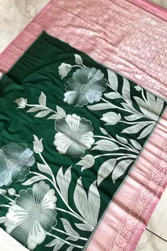 GREEN crepe georgette saree with 3 ply zari pallu & floral silver weaves