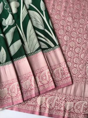 GREEN crepe georgette saree with 3 ply zari pallu & floral silver weaves 4