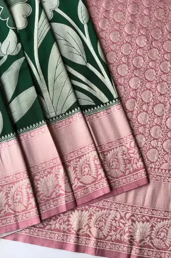 GREEN crepe georgette saree with 3 ply zari pallu & floral silver weaves