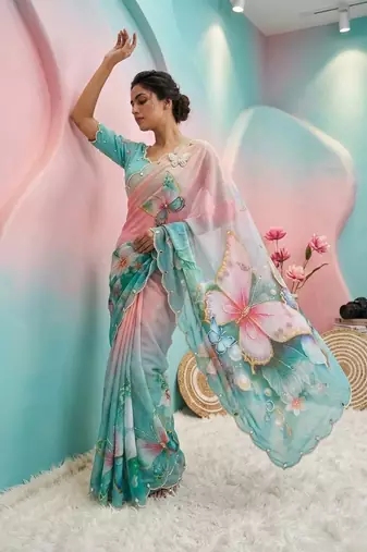 Skyblue georgette silk blend digital print hand saree blouse