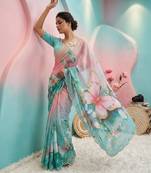Skyblue georgette silk blend digital print hand saree blouse